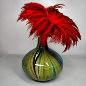 Vintage Art Glass Murano Style Bulb Vase Green Blue Swirl Wave Glass Blue Whimsy